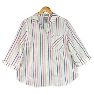 Chicos Wrinkle Resistant Shirt Size 2 (L/12) White Stripes 3/4 Sleeve‎ Button Up